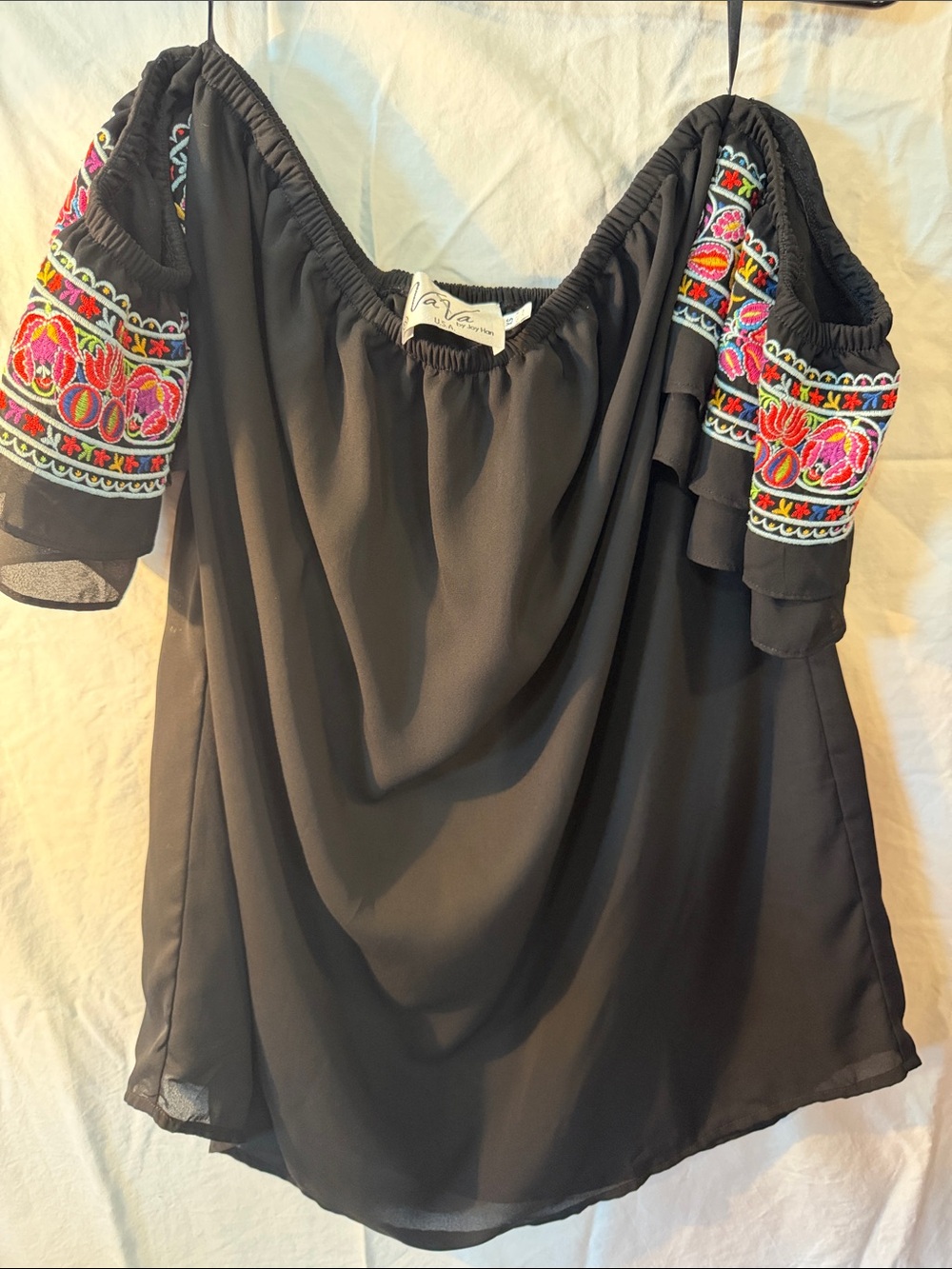 Vava by Joy Han Black Off-Shoulder Blouse with Multicolor Embroidered Sleeves